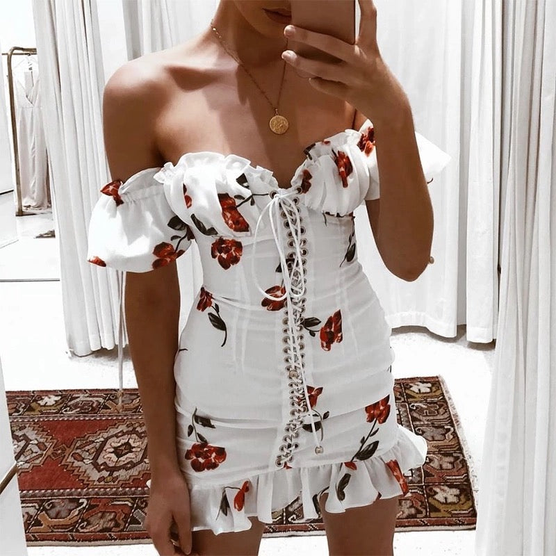 Off the shoulder mini dress with tie up front